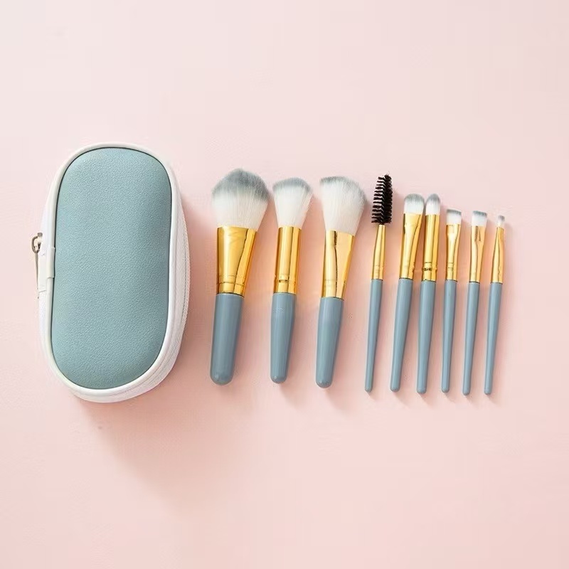 KIT 9 Pçs Mini Pincéis de Maquiagem Portáteis Para Viagem - Pincéis Profissionais Para Maquiagem Facial e Olhos