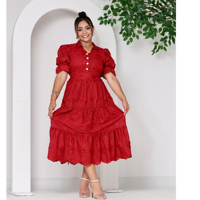 VESTIDO MIDI PREMIUM LAISE BORDADO 3D E LISO COM GOLA BOTÃO E LASTEX NAS COSTAS E MANGA em Oferta na Shopee
