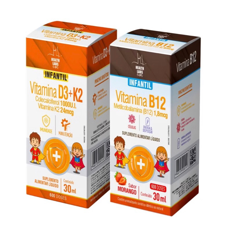 Kit Vitamina D3 K2 Infantil 30ml + Vitamina B12 Infantil 30ml Morango