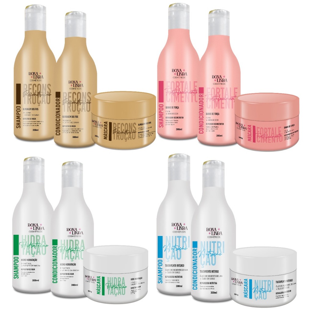 Kit Capilar Dona Linda Completo 12 Produtos: Tratamento Intensivo Shampoo Condicionador e Máscara