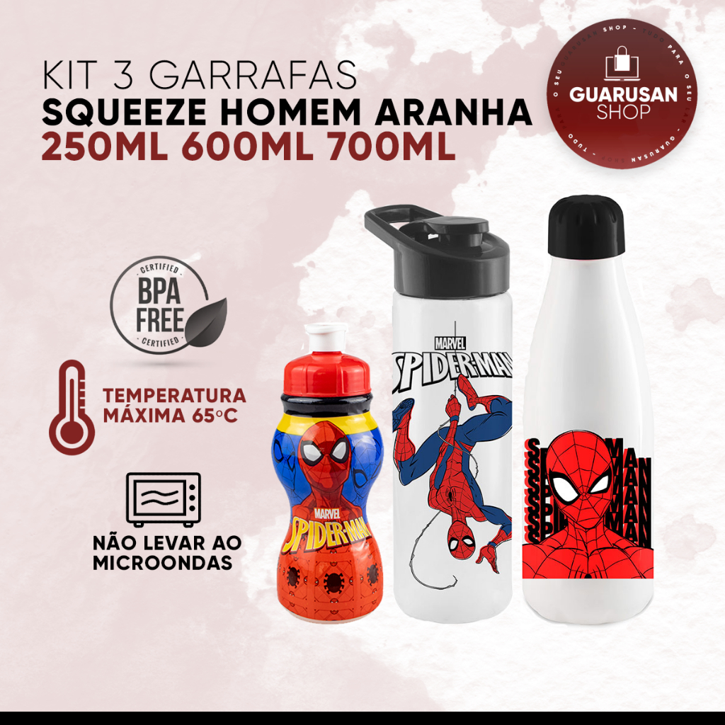 Kit 3 Garrafa Squeeze Bottle Cantil Infantil Escolar 250ml 600ml 700ml - Homem Aranha Spiderman