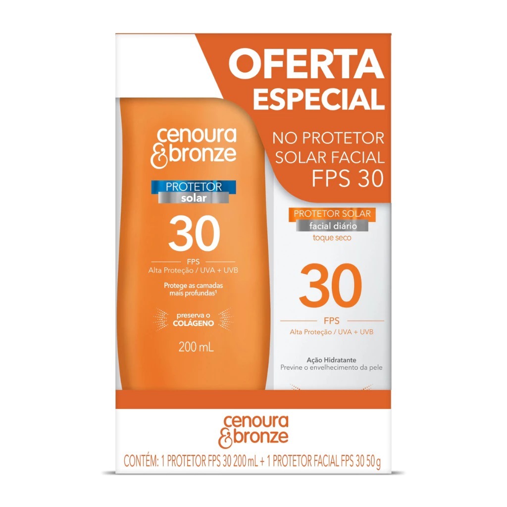 Kit Protetor Solar Cenoura e Bronze Corporal FPS30 200ml + Facial FPS30 50g