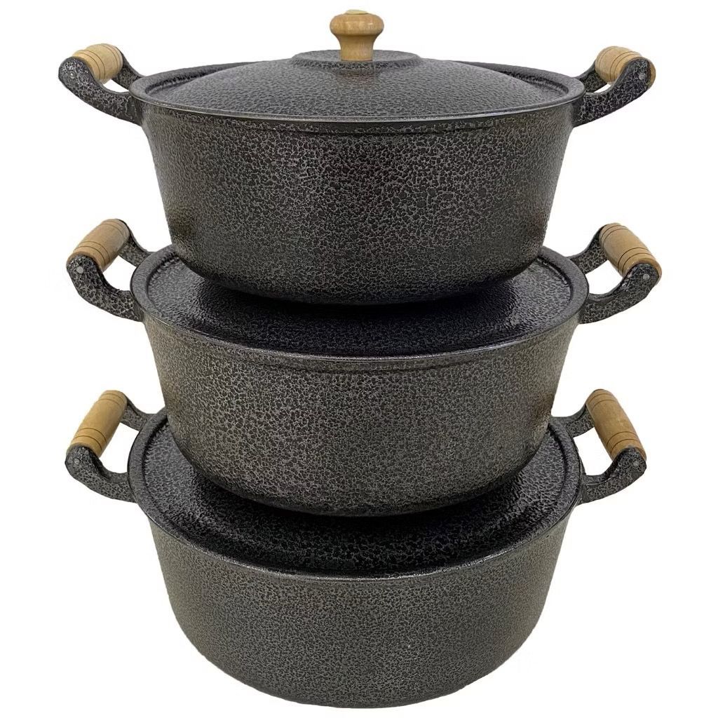 Imagem Jogo de Panelas Grossas 3 peças em alumínio batido Fundido Preto LINHA/ PREMIUM