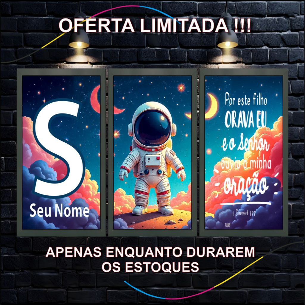 Quadro Decorativo Astronauta Infantil, Tema Espacial, 3 Peças com Mensagem Bíblica, Personalizado