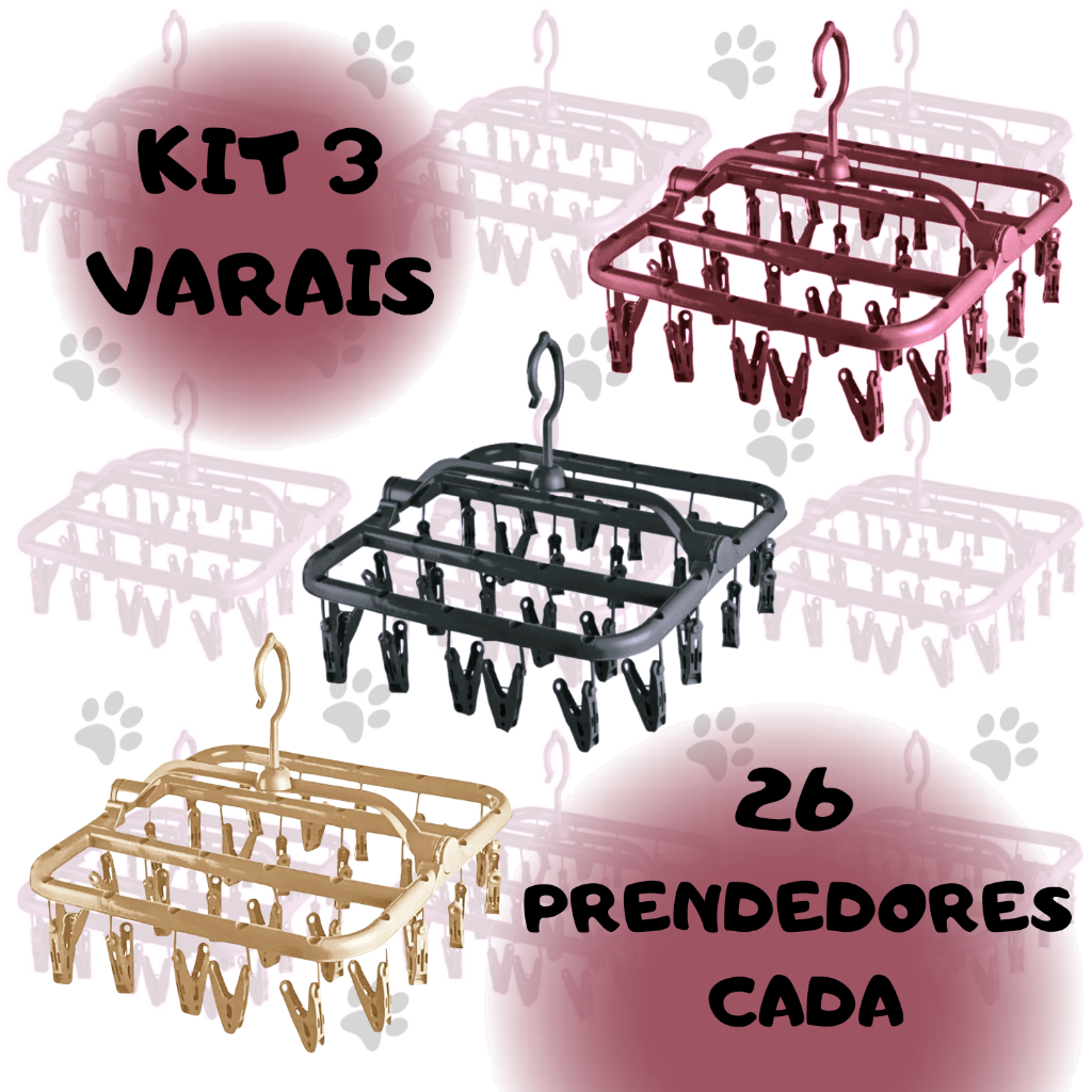 Kit C/ 3 Varais de Roupas Íntimas 26 Prendedores Cada Varal Dobrável Varal de Meias Calcinha Cueca