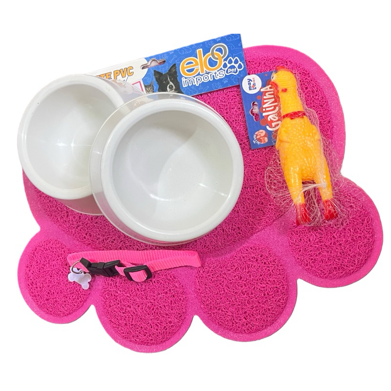 KIT 5 ITENS PET- TAPETE PVC PATINHA- COMEDOURO E BEBEDOURO- COLEIRA COM PLAQUINHA E BRINQUEDO GALINHO COM APITO