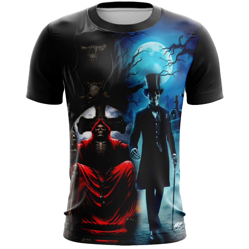 RP Styllus Exu tata caveira e Exu João caveira camiseta preta gola redonda 100% poliéster