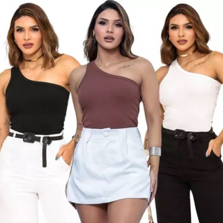 Kit 3 Regata Canelada feminina Manga Única  Blusinha Canelada Ribana Blusa Mula Manca