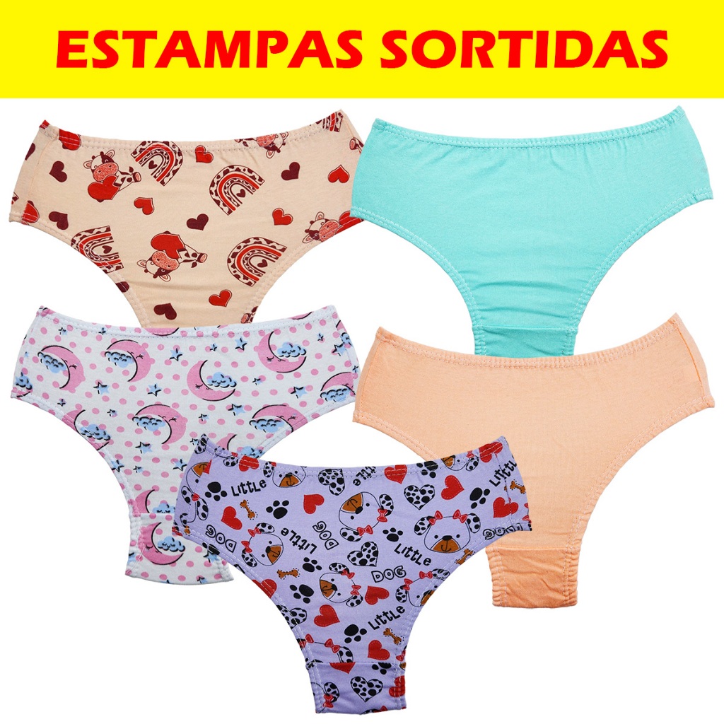Kit 5 Calcinhas Sortidas Meninas Infantil Resistente Forrada Algodão Lisas E Estampadas Oferta Promoção