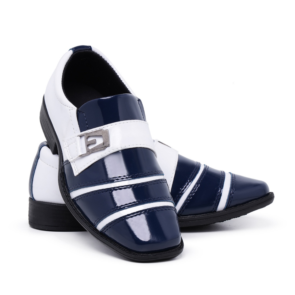 Sapato Social Infantil Bico Quadrado Em Verniz Branco Com Azul Marinho