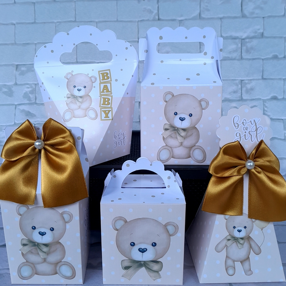 Kit Festa Personalizados Ursinho Bege Dourado Chá Revelação Chá de Bebe Lembrancinhas para Chá Revelação Aniversário