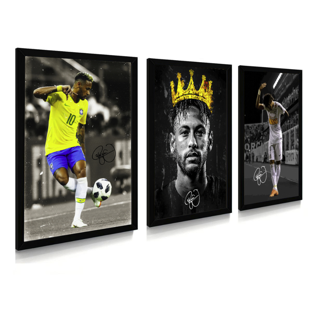 Kit 3 Quadros Decorativos Neymar Jr Momentos Santos Barcelona Seleção Brasileira