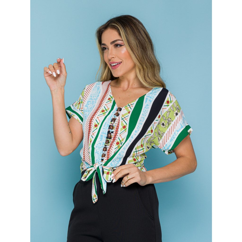 Blusa com gravatas de manga curta e detalhe importado  na frente de impressão 9816