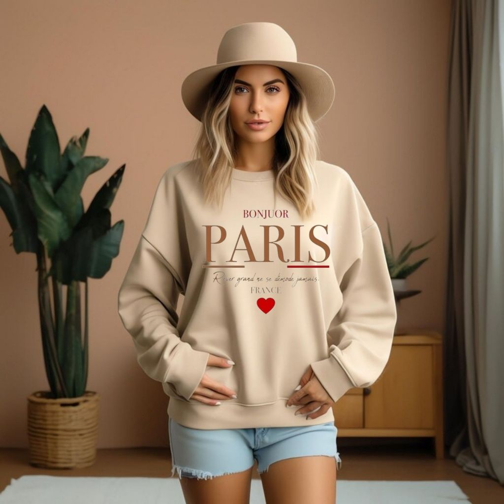 Blusa Moletom Estilosa  Gola CarecaEstampa Paris Bonjuor Gola Redonda