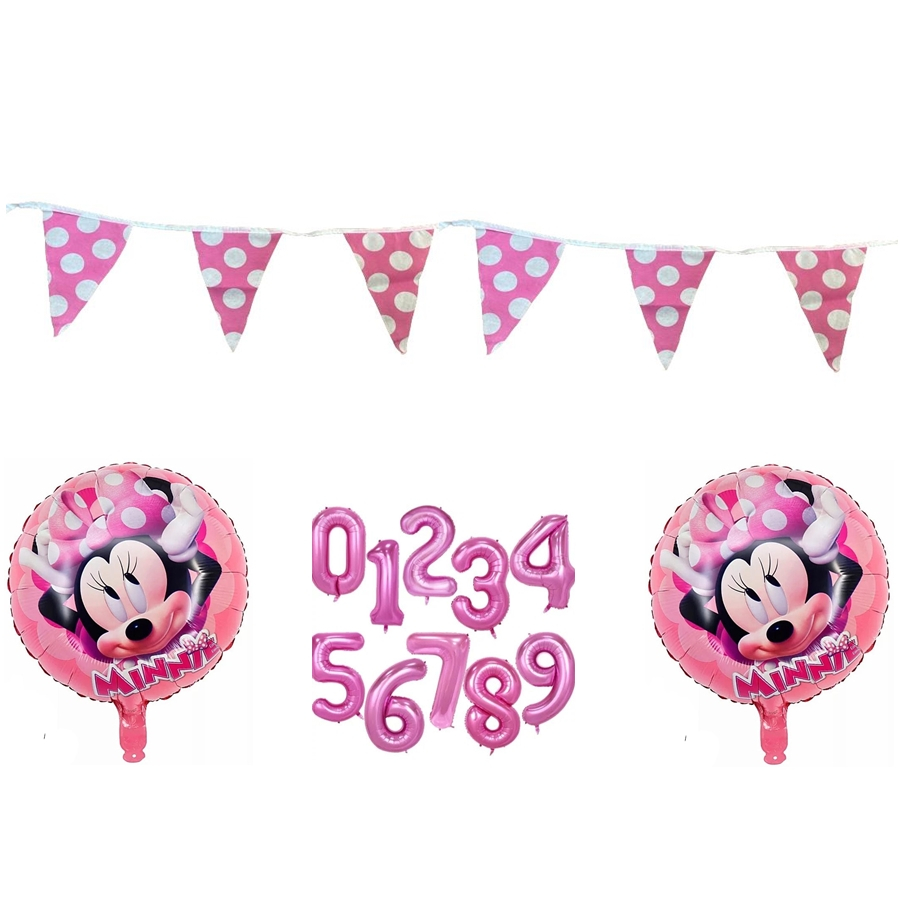 Balão Bexiga metalizado Minnie rosa redondo c/numero e Bandeirola kit c/ 4 un.