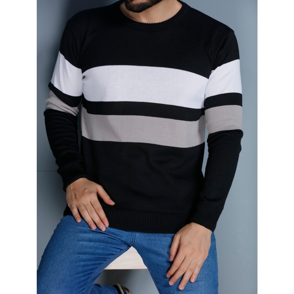 Sueter tricot masculino casaco blusa de frio gola redonda manga longa blusa em Oferta na Shopee