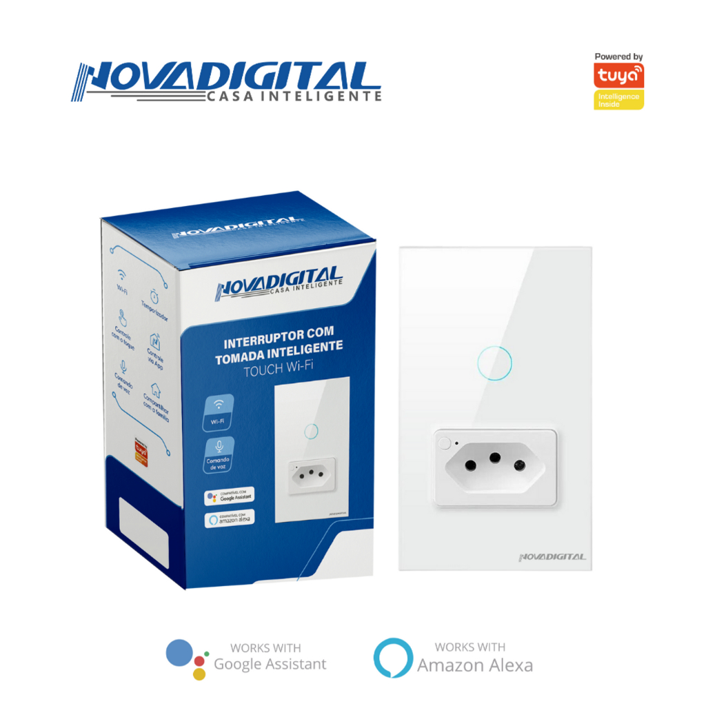 Interruptor com Tomada 20A Wifi Inteligente 1 Botões 2 Botões Smart Branco Preto Nova digital Alexa