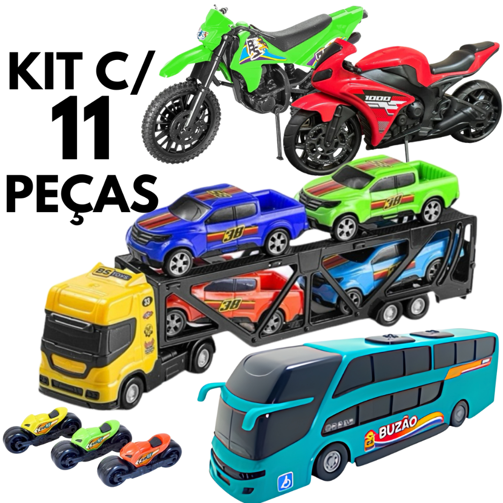 Kit 11 Brinquedos Para Meninos Caminhão Carrinhos Motos Realistas Atacado Barato e Resistente