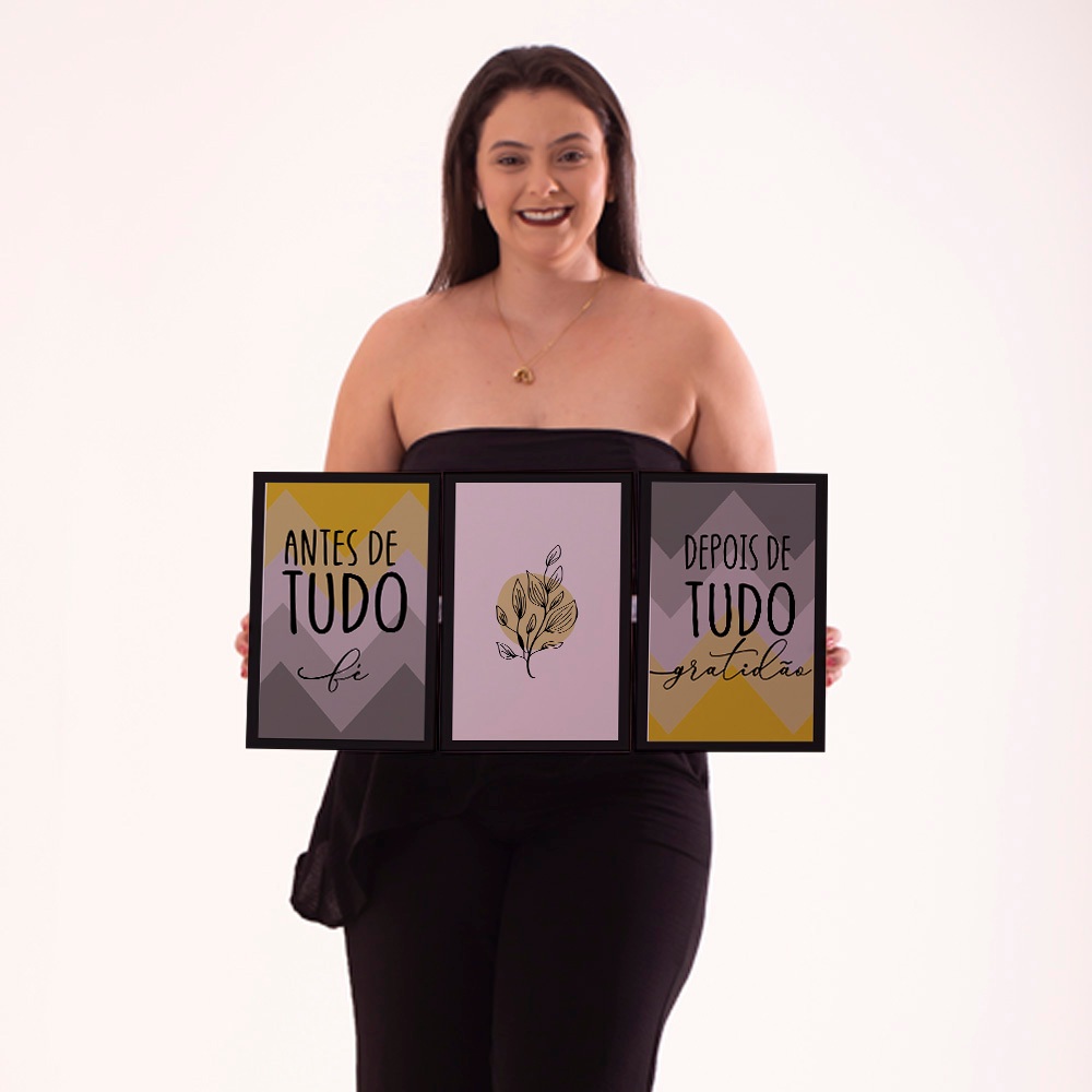 Placa Quadro Decorativo Kit 3 Peças  Frase Antes de Tudo Fé Depois de Tudo Gratidão Quadro Decoração Mdf 20x30