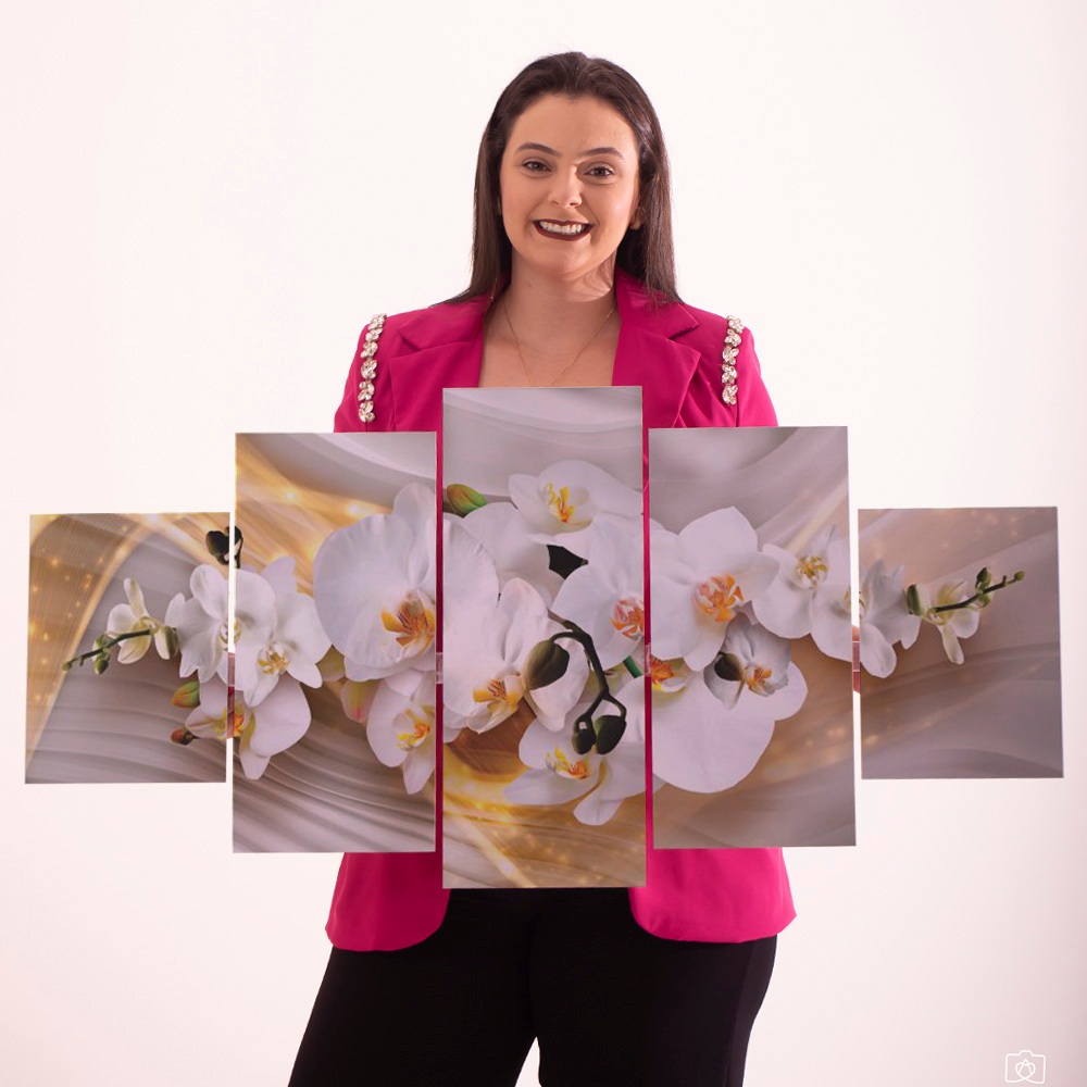 Quadro Decorativo PARA SALA Orquídea Branca Dourada 5 Peças