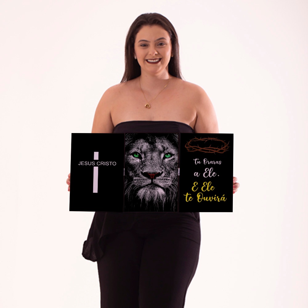 Produto Decorativo 3 Peças 20x30cm Quadro Leão com Jesus Cristo Frase Tu Oraras a Ele e Ele Ouvirá Decoração Mdf