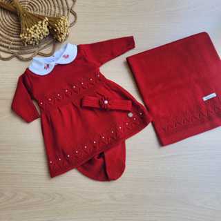 Saída de Maternidade menina Tricot vestido Gabriela Vermelho 5 peças completa em Oferta na Shopee