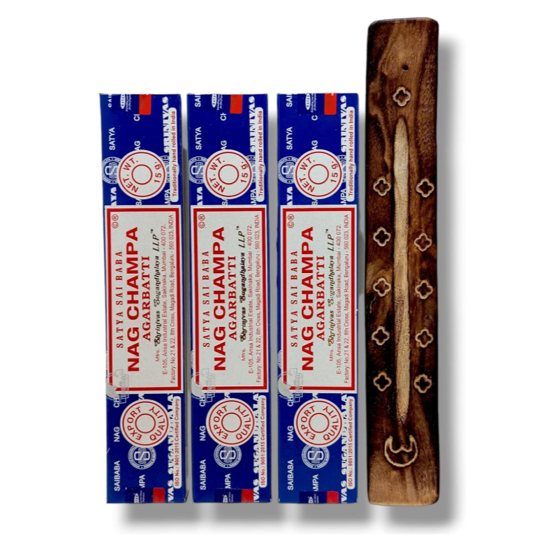 Kit 3 Incensos Satya Nag Champa + Incensário Grátis - Purificação, Meditação e Relaxamento