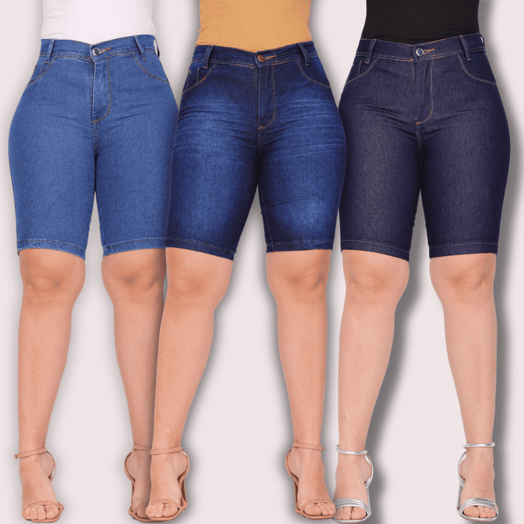 Bermuda Jeans Feminina Ciclista Lycra Elastano Tradicional Até o Joelho Cintura Alta
