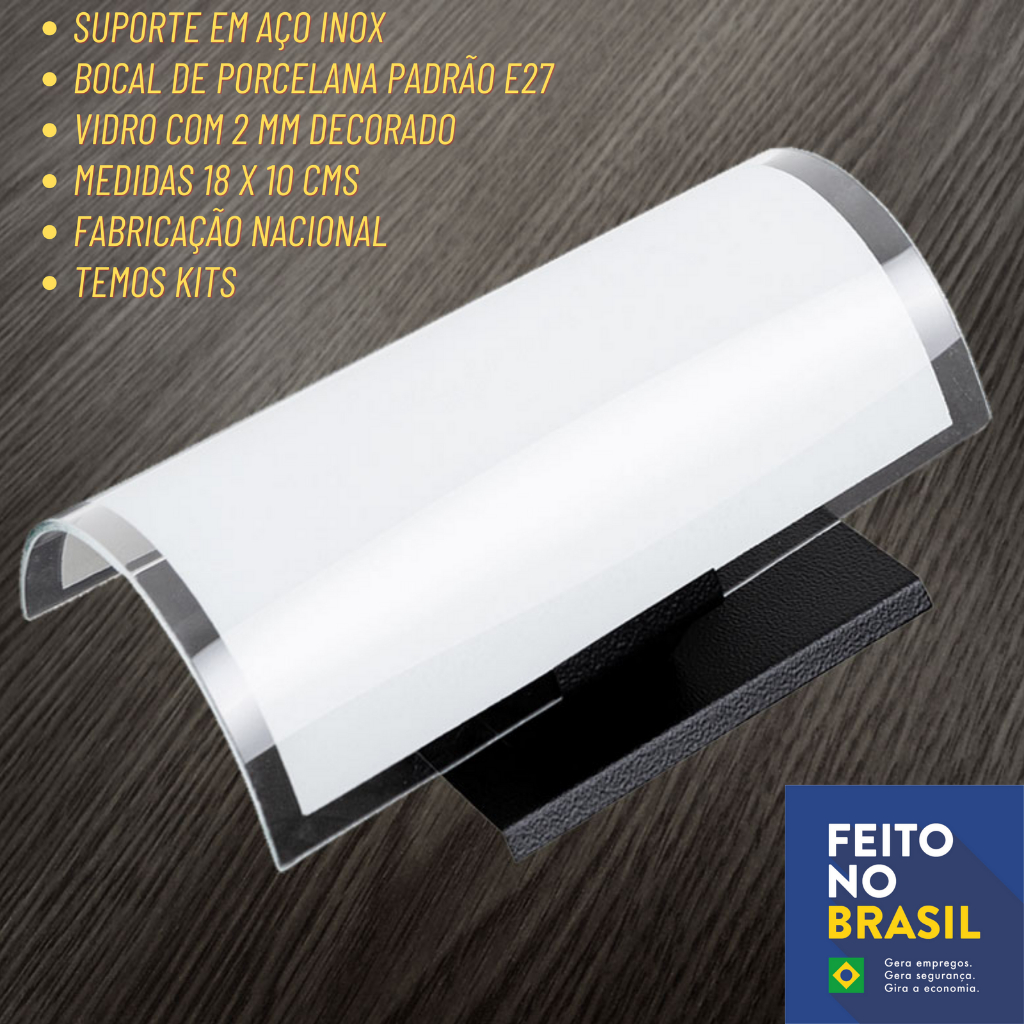Arandela de parede - Decoração - Luminária Calha - Base Inox Preta e Vidro com borda - 18 X 10 Cms