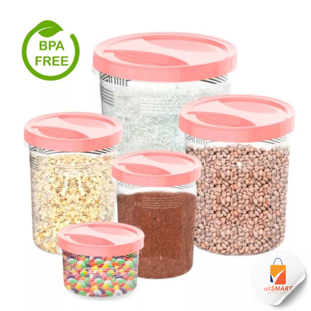 Kit Porta Mantimentos 5 Peças com Tampa de Rosca Jogo de Potes Conjunto de Pote Transparente Pote Tempero Cozinha Rosa