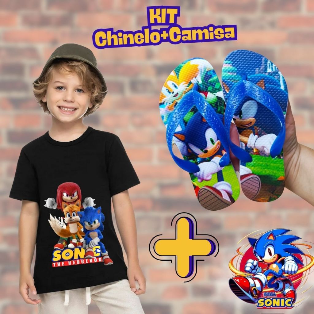 Kit Camisa + Chinelo Sonic Garfield masculino Menino Blusa 100% algodão Bebê criança Infantil Juvenil Tamanho:2-4-6-8-10