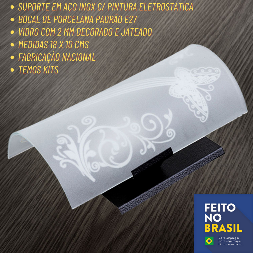 Arandela de parede - Decoração - Luminária Calha "Borboleta" - Base Preta VD Decorado - 18 X 10 Cms