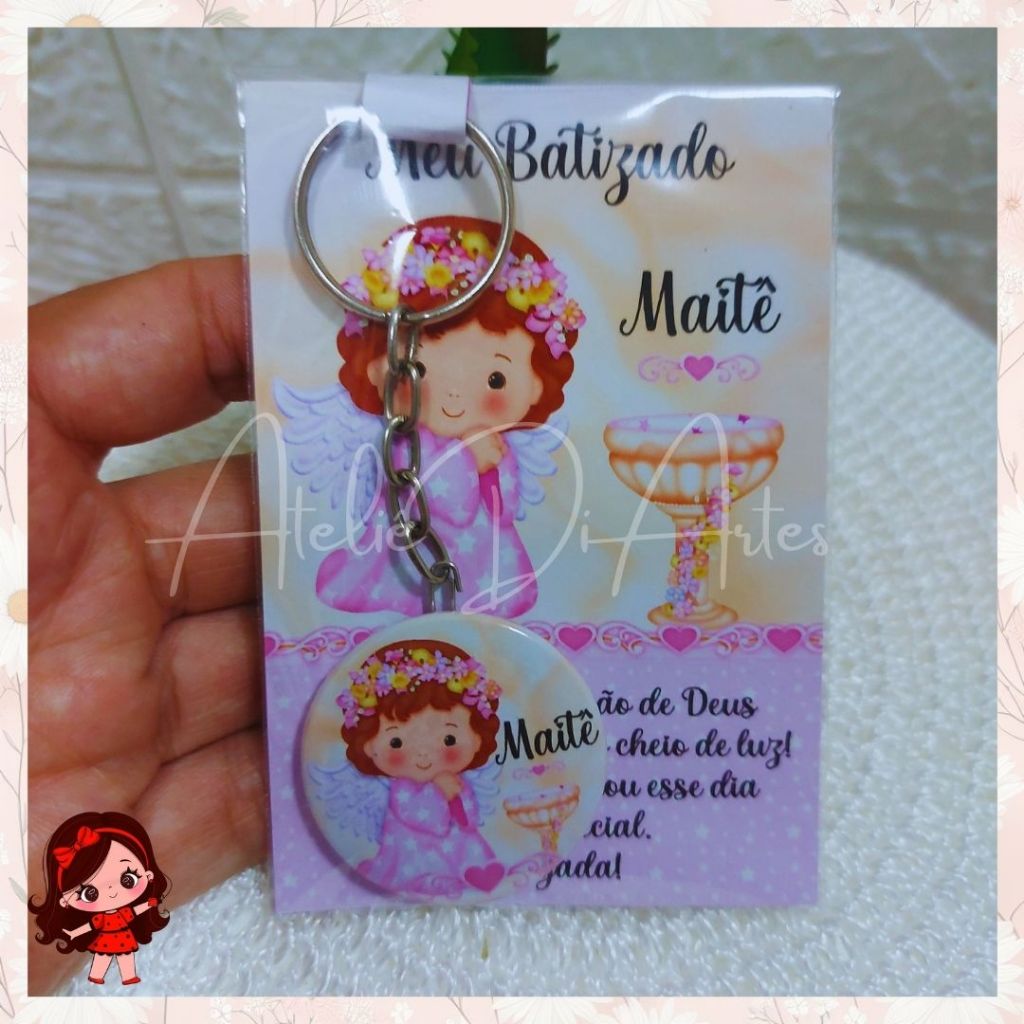 Lembrancinha para Batizado Chaveiro Personalizado com Card Batizado Rosa Menina