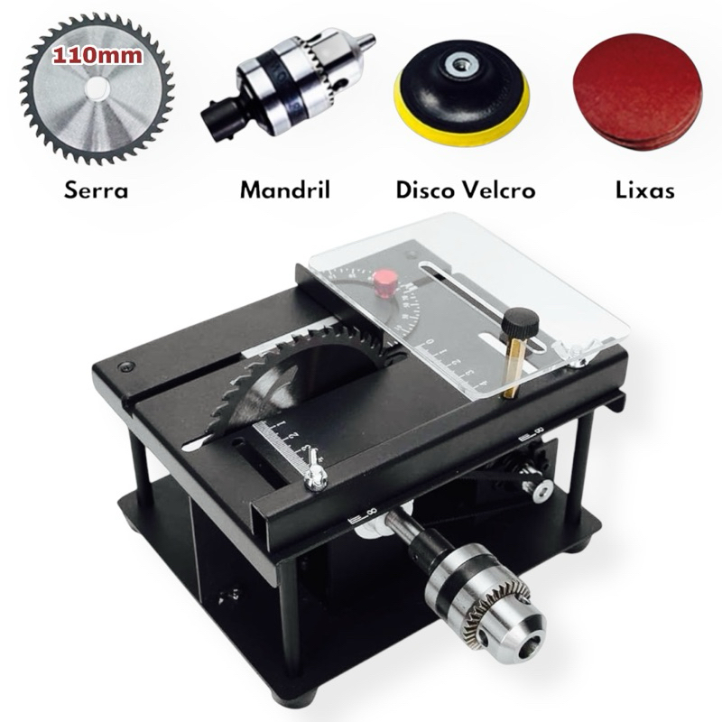 Mini Serra Bancada Bivolt Hobby Multifuncional Turbo, Mandril, Lixa, Corte angular Ajuste Velocidade