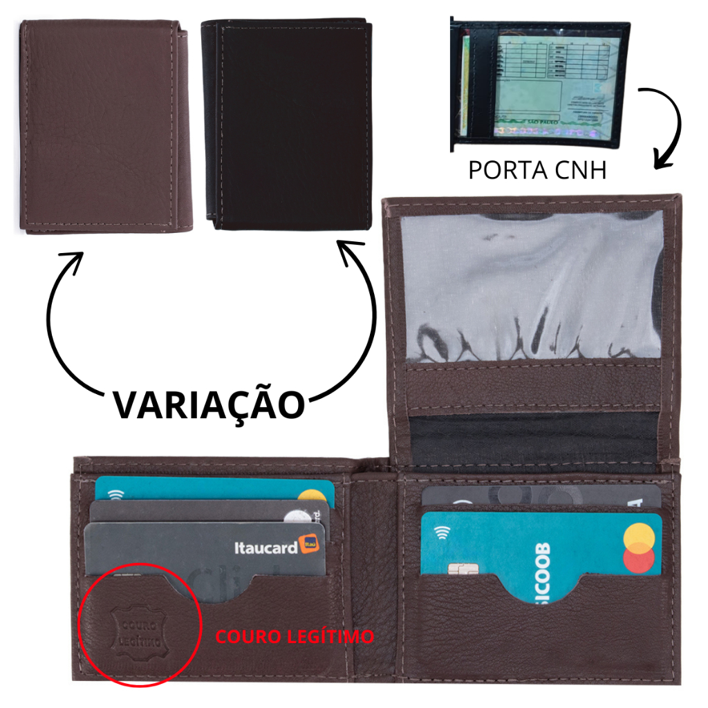 Carteira Masculina De Couro Legítimo Costurado Resistente Com Porta CNH Slim Homem Moderno