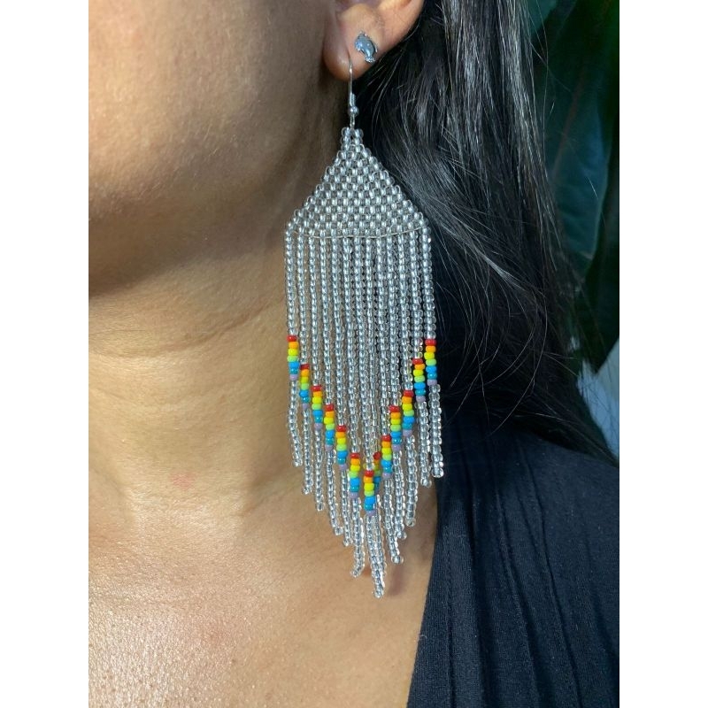 par de brincos miçangas transparente prata com miçangas coloridas