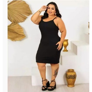 VESTIDO FEMININO PLUS SIZE DE ALCINHA MALHA CANELADA MIDI VERÃO. em Oferta na Shopee