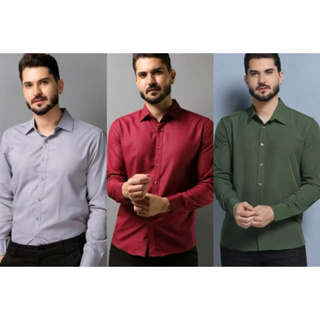 kit 3  camisa social manga longa slim fit Microleve com elastano não amassa em Oferta na Shopee