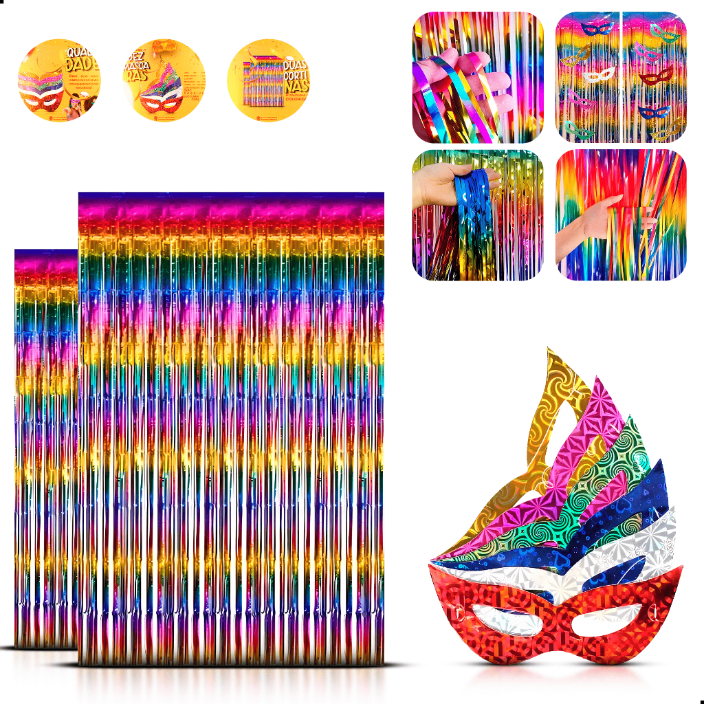 Kit Carnaval Cortina Metalizada Colorida + 10 Máscaras Holográficas para Decoração