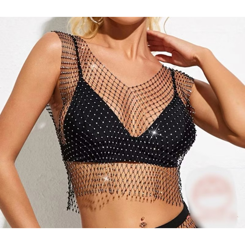 Blusa Tela Com Strass Pedraria Cropped Arrastao