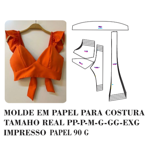 MOLDE ,MODELAGEM DE CROPPED DE AMARRAR NAS COSTAS EM PAPEL 90 GM PARA COSTURA HSTZ-102-A