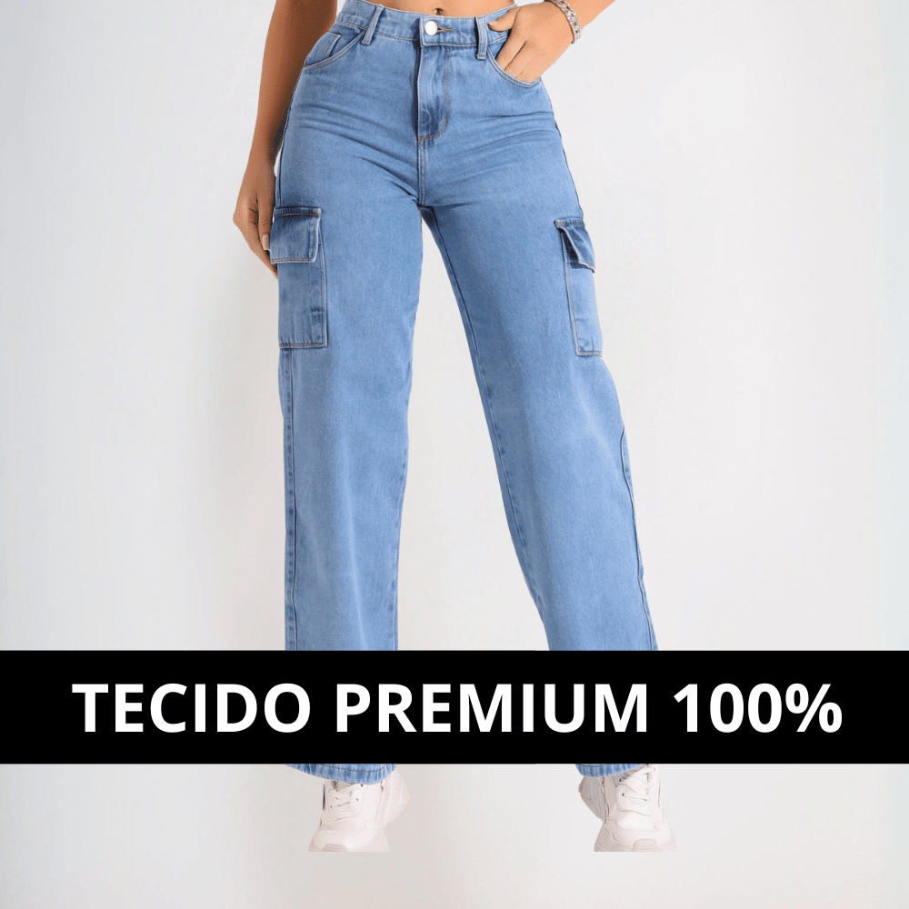 Calça Jeans Feminina Cargo Wind Leg Cargo Cintura Alta Levanta Bumbum Cos Alto Pantalona Blogueira