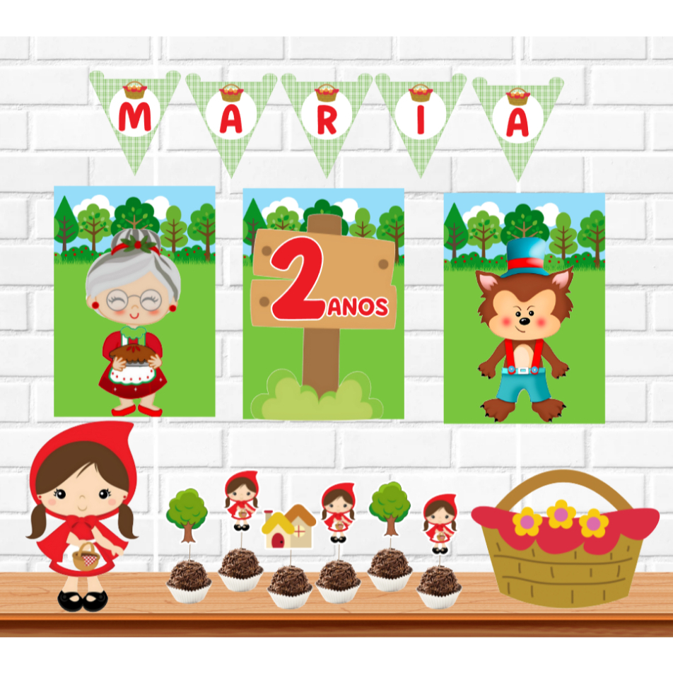 Kit festa Chapeuzinho Vermelho decoração infantil personalizado para aniversário e mesversario