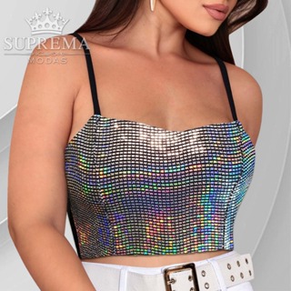 Cropped De Alça, Luxo Brilho Holográfico, Festa Balada em Oferta na Shopee