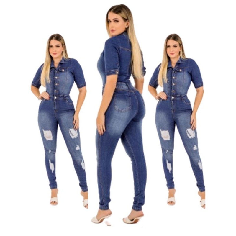 Macacão Longo Manga 3/4 Jeans Feminino Moda Fashion