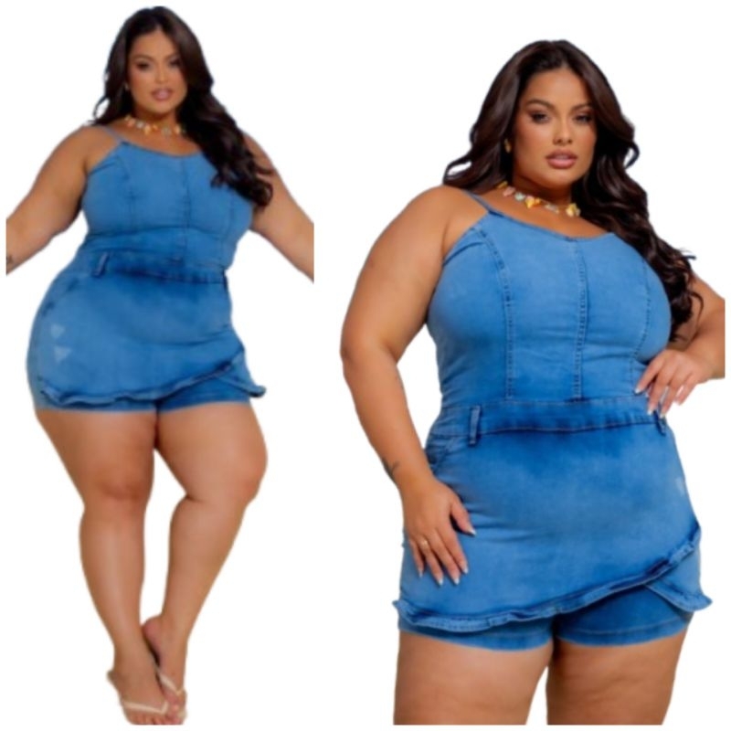 Jardinheira Short Saia Jeans Feminino Moda Plus Size Laycra Retrô
