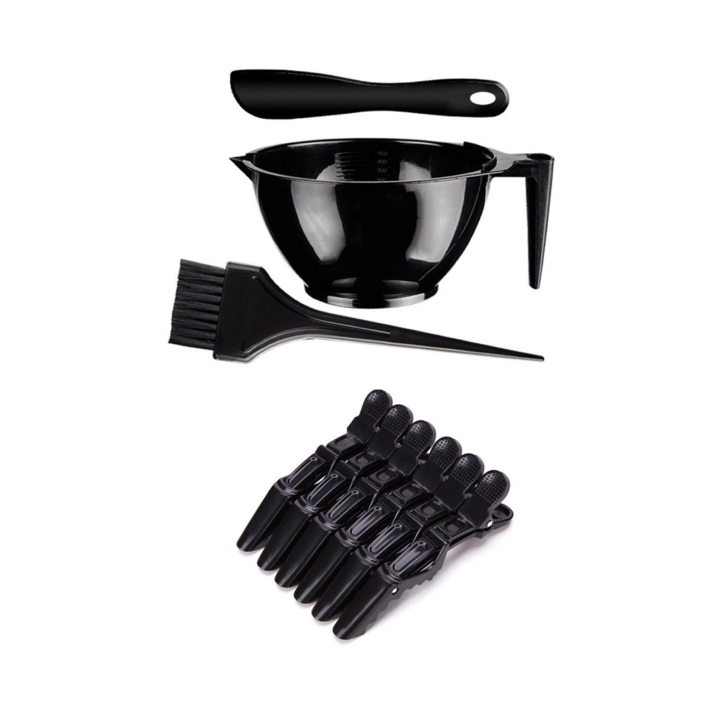 Kit Cumbuca Pote Para Tintura Progressiva Com Pincel Espatula + 6 Presilhas Crocodilo