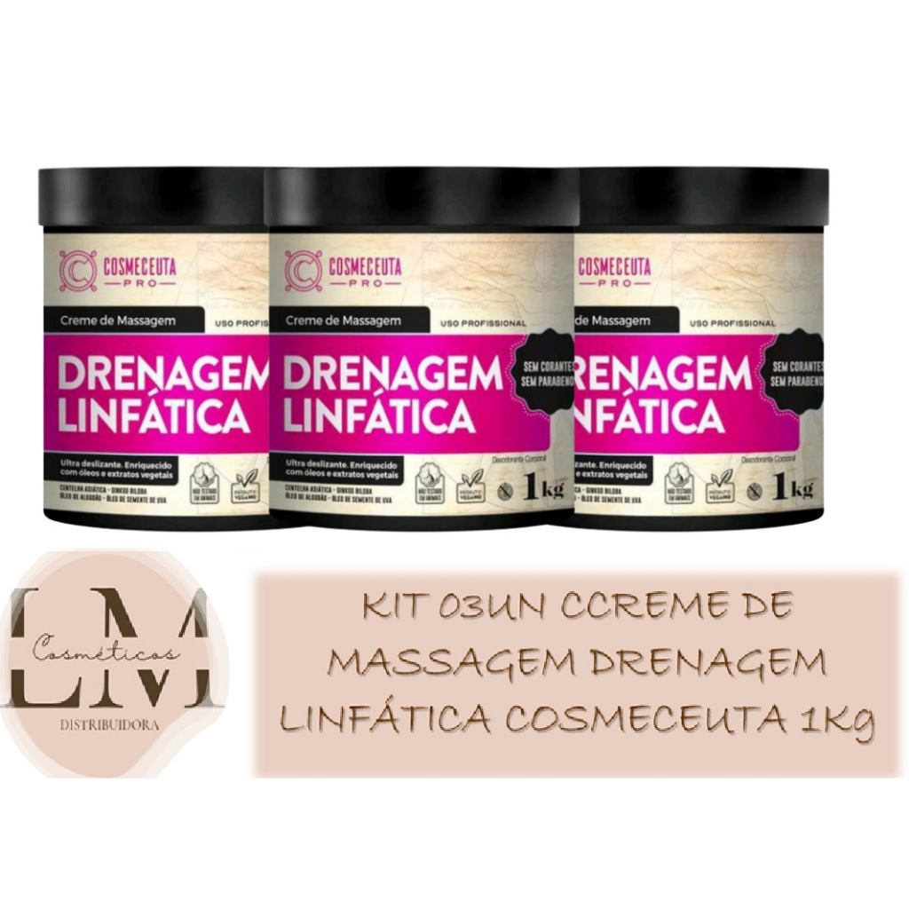 Kit com 03un Creme de Massagem Cosmeceuta Drenagem Linfatica 1kg
