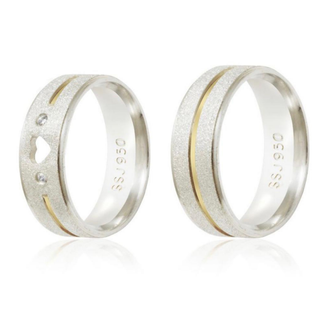 Alianças Prata 950 - 7mm - Coração Fio de Ouro e Pedras Garantia Casamento Namoro Compromisso