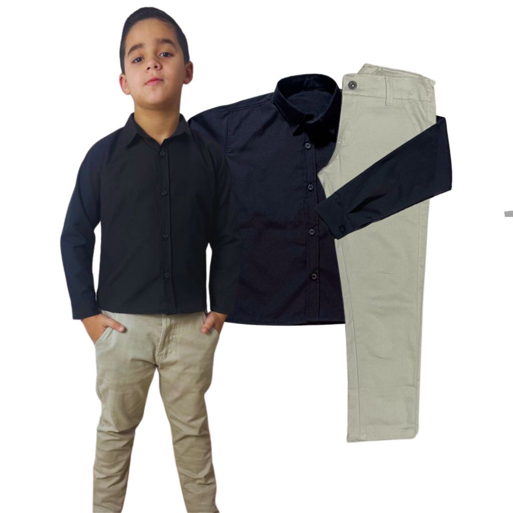 Conjunto kit 2 Peças Social Infantil Masculino Camisa Manga Longa e Calça Bolso Faca de Sarja